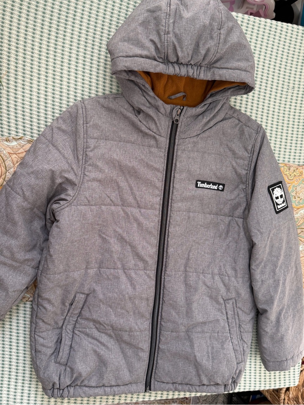 Timberland Kids Gray Hooded Puffer Jacket Fleece Lined Full Zip Coat XL Boys